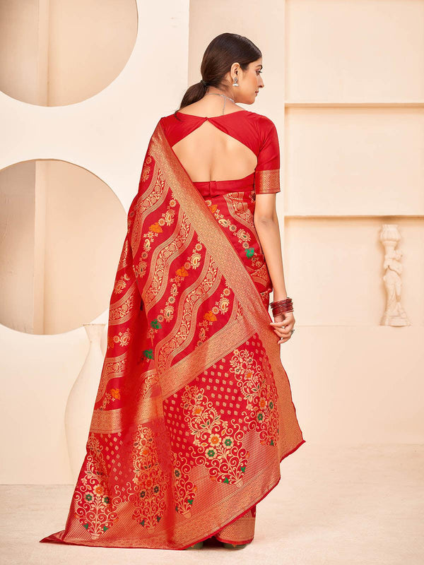 Women's Gorgeous Woven Red Banarasi Silk Saree - Odette