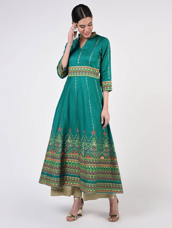 Women's Turquoise Cotton Hand Block Print Ghagra Style Anarkali Kurta Only - Cheera