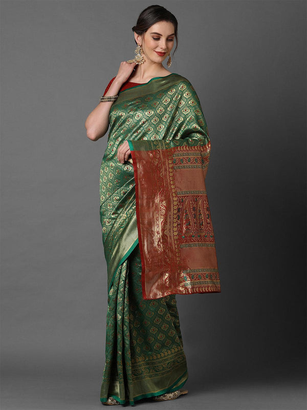 Women's Green & Red Wedding Silk Blend Woven Design Saree With Unstitched Blouse - Odette