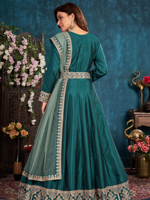 Women's Green Art Silk Designer Heavy Embroidery Anarkali Set - Odette