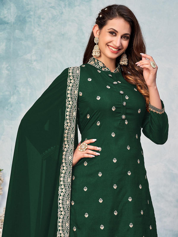 Women's Green Art Silk Heavy Embroidery Moti Kurta Set - Odette