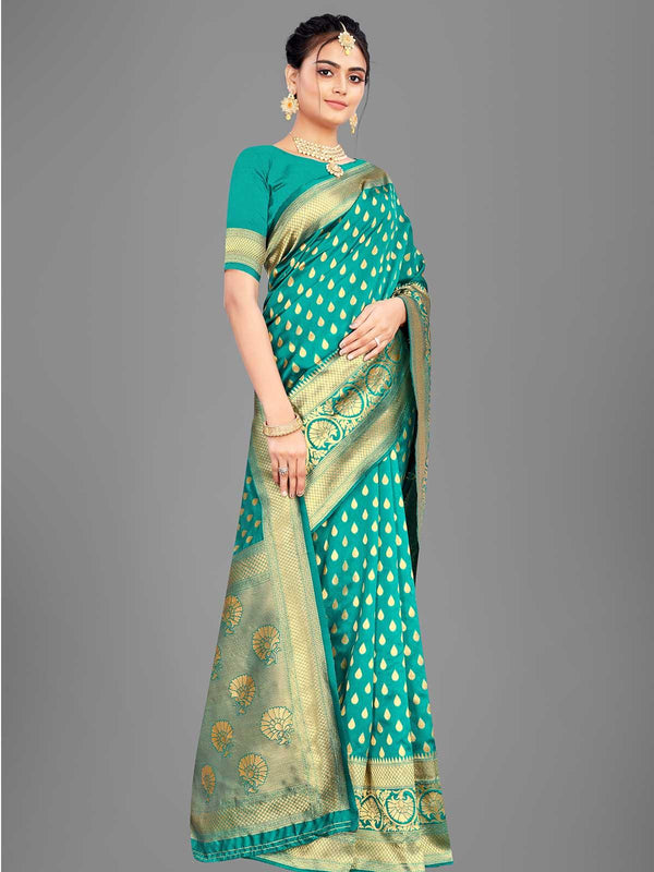 Women's Green Banarasi Silk Woven Design Saree With Blouse - Odette