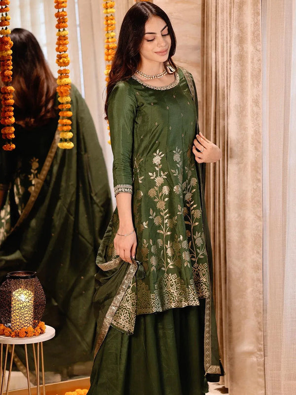 Green Brocade Silk Blend A-Line Suit Set - Jashvi