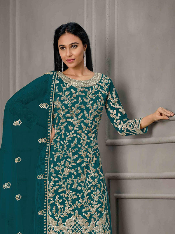 Women's Green Butterfly Net Embroidered Kurta Set - Odette