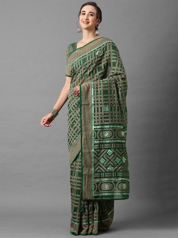 Women's Green Casual Brasso Geomatric Print Saree With Unstitched Blouse - Odette