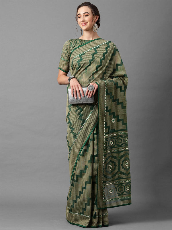 Women's Green Casual Brasso Geomatric Print Saree With Unstitched Blouse - Odette