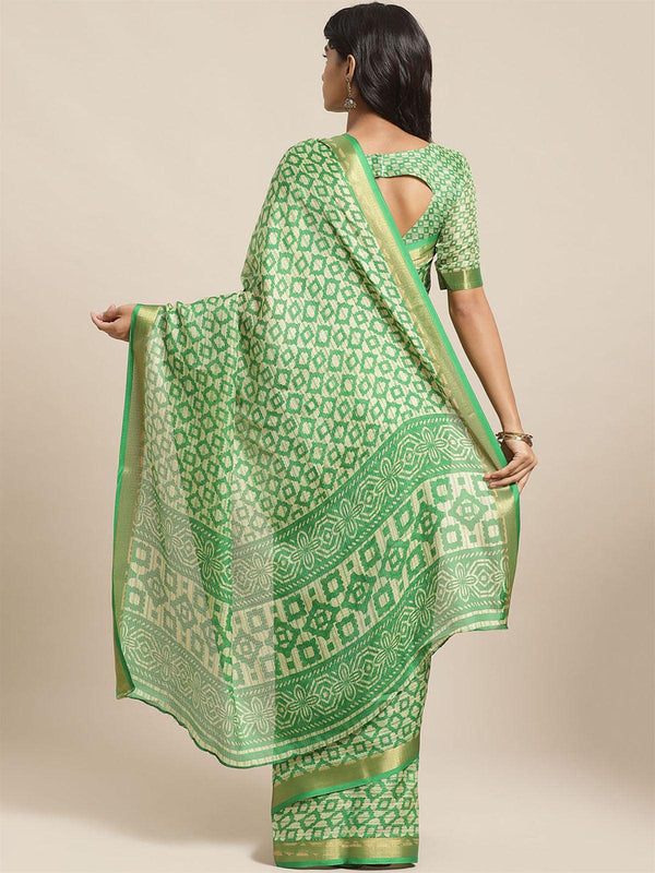 Women's Green Casual Silk Blend Printed Saree With Unstitched Blouse - Odette