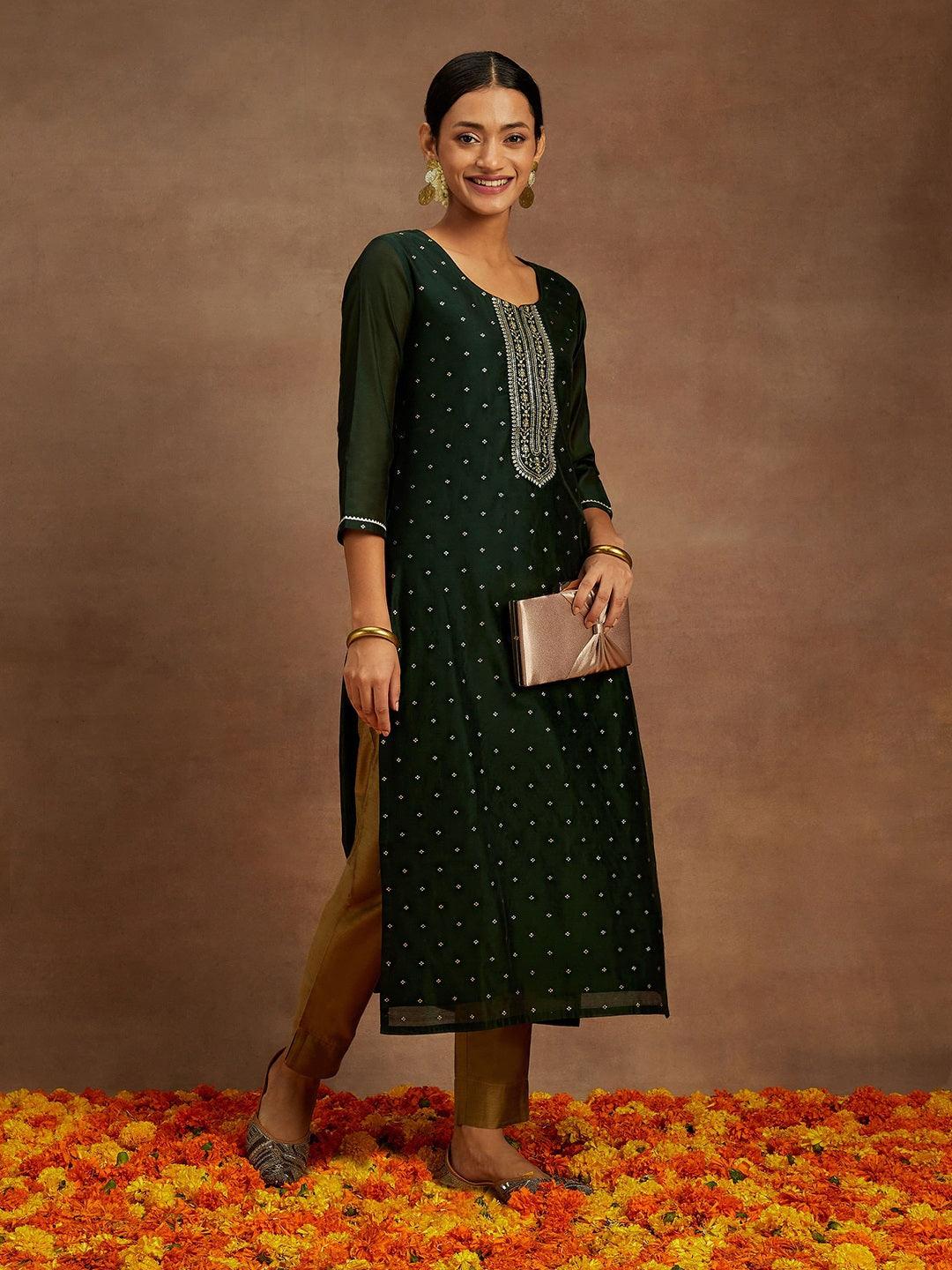 Green Chanderi Silk Woven Design Kurta - Jashvi