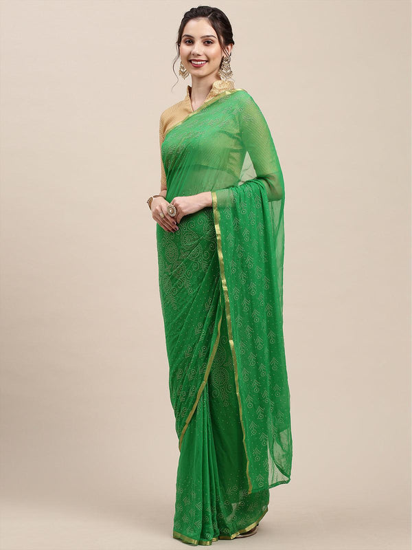 Women's Green Chiffon Woven Border Saree With Unstitched Blouse - Odette