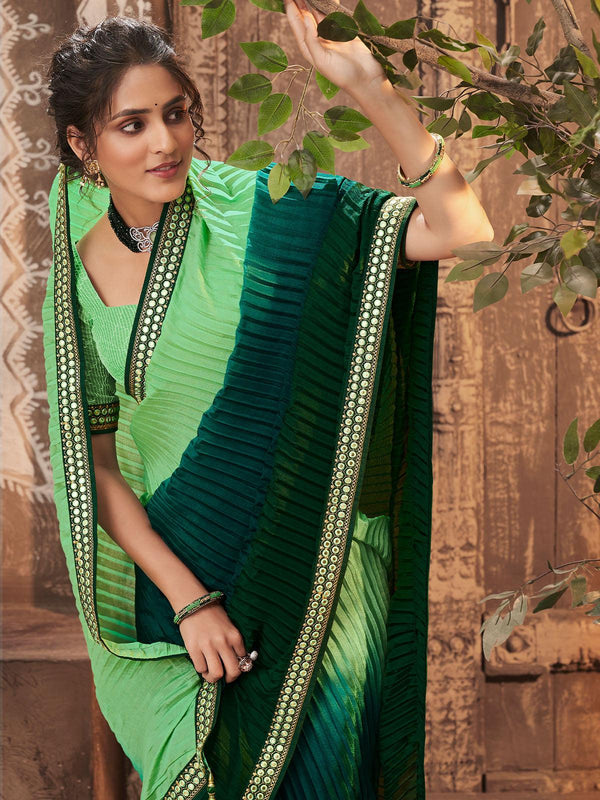 Women's Green Chinon Crush Heavy Embroidery Saree - Odette