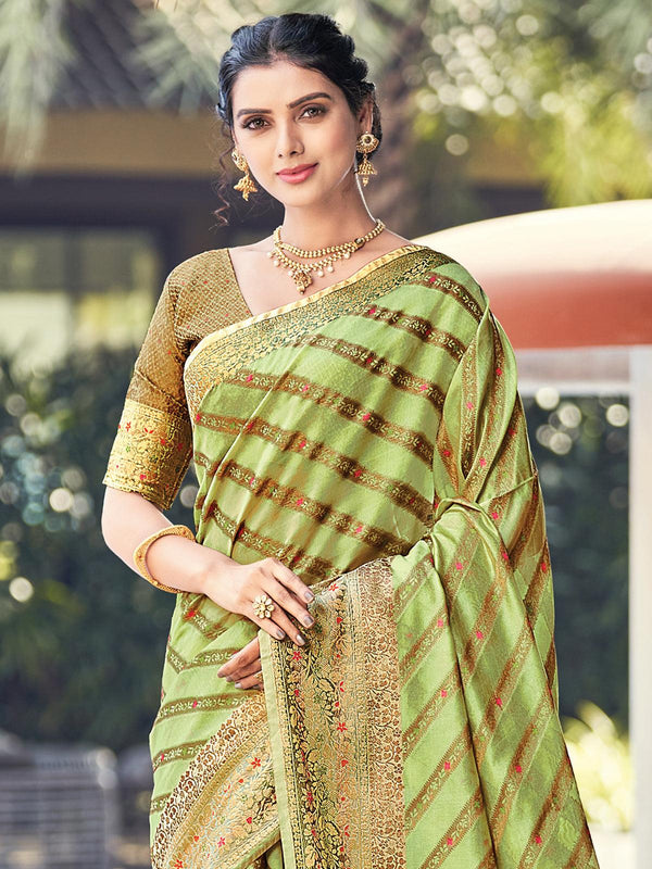 Women's Green Color Organza Saree With Blouse - Odette