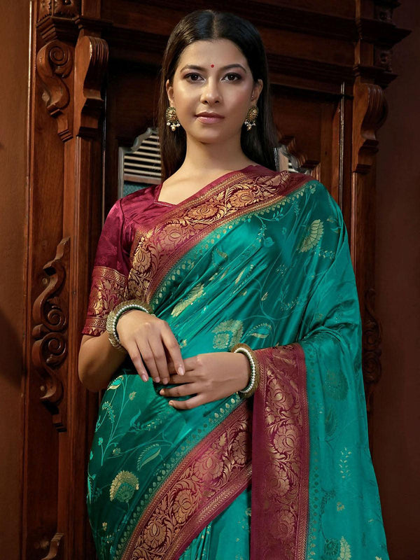 Women's Green Color Satin Silk Saree - Odette