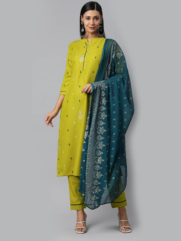 Women's Green Cotton Blend Readymade Kurta Set For Women - Odette