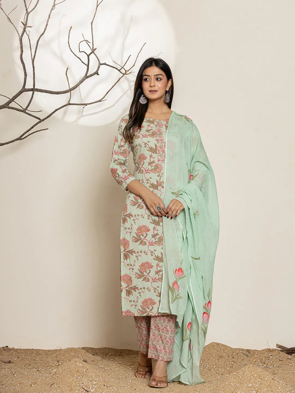 Green Cotton Floral Print Kurta Dupatta Set