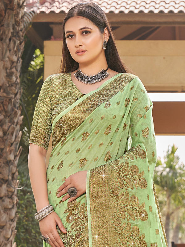 Women's Green Cotton Heavy Jari Wevon Designer Stone Saree - Odette