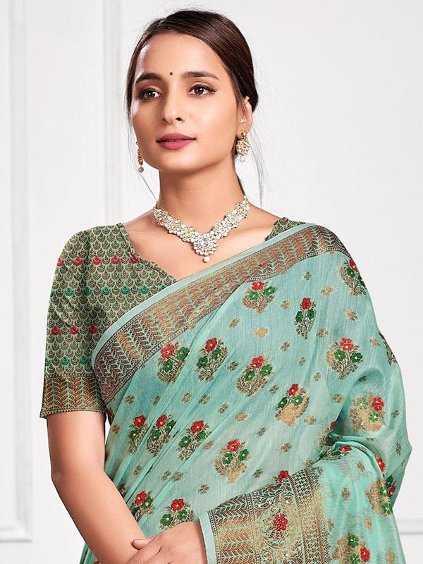 Women's Green Cotton Heavy Jari Wevon Designer Stone Saree - Odette