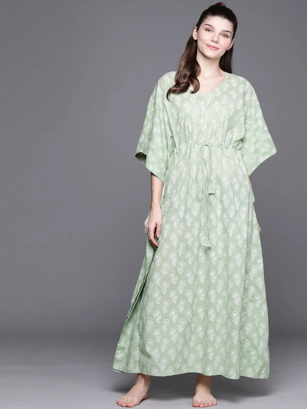 Green Cotton Printed Kaftan Nightdress - Jashvi