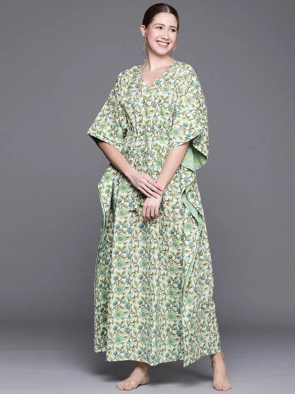 Green Cotton Printed Kaftan Nightdress