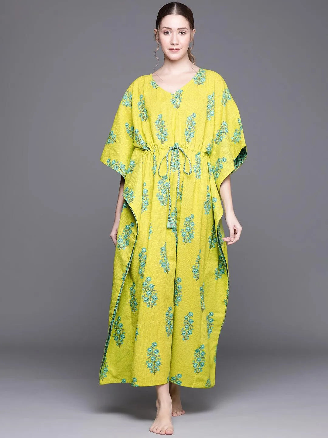 Green Cotton Printed Kaftan Nightdress - Jashvi