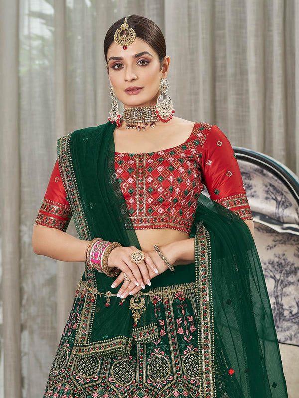 Women's Green Designer Silk Lehenga - Odette