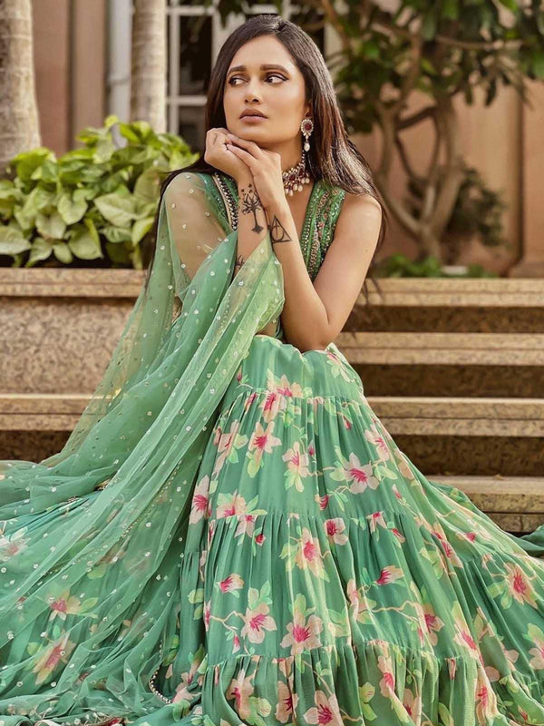 Women's Green Digital Printed Chinnon Silk Lehenga Set - Odette