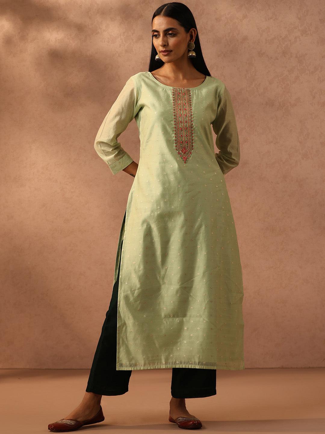 Green Embellished Chanderi Silk Straight Kurta - Jashvi