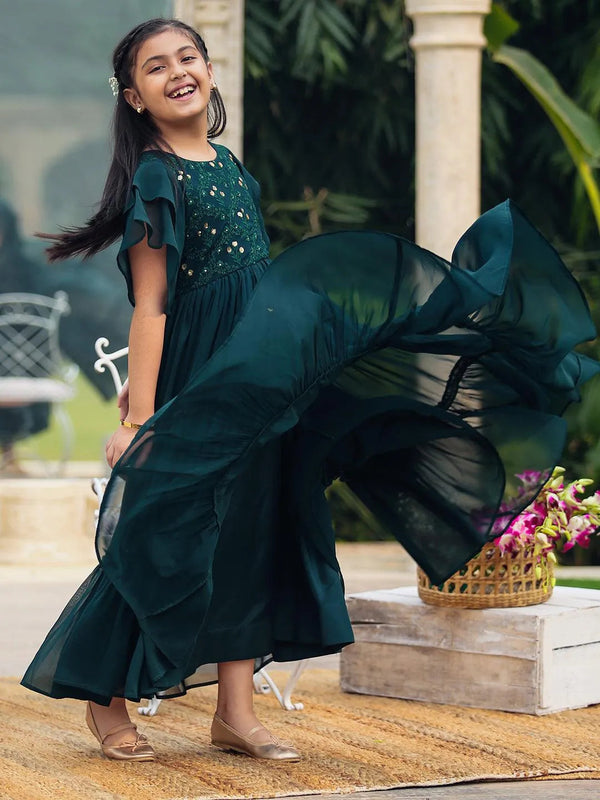 Green Embellished Georgette Dress - Jashvi