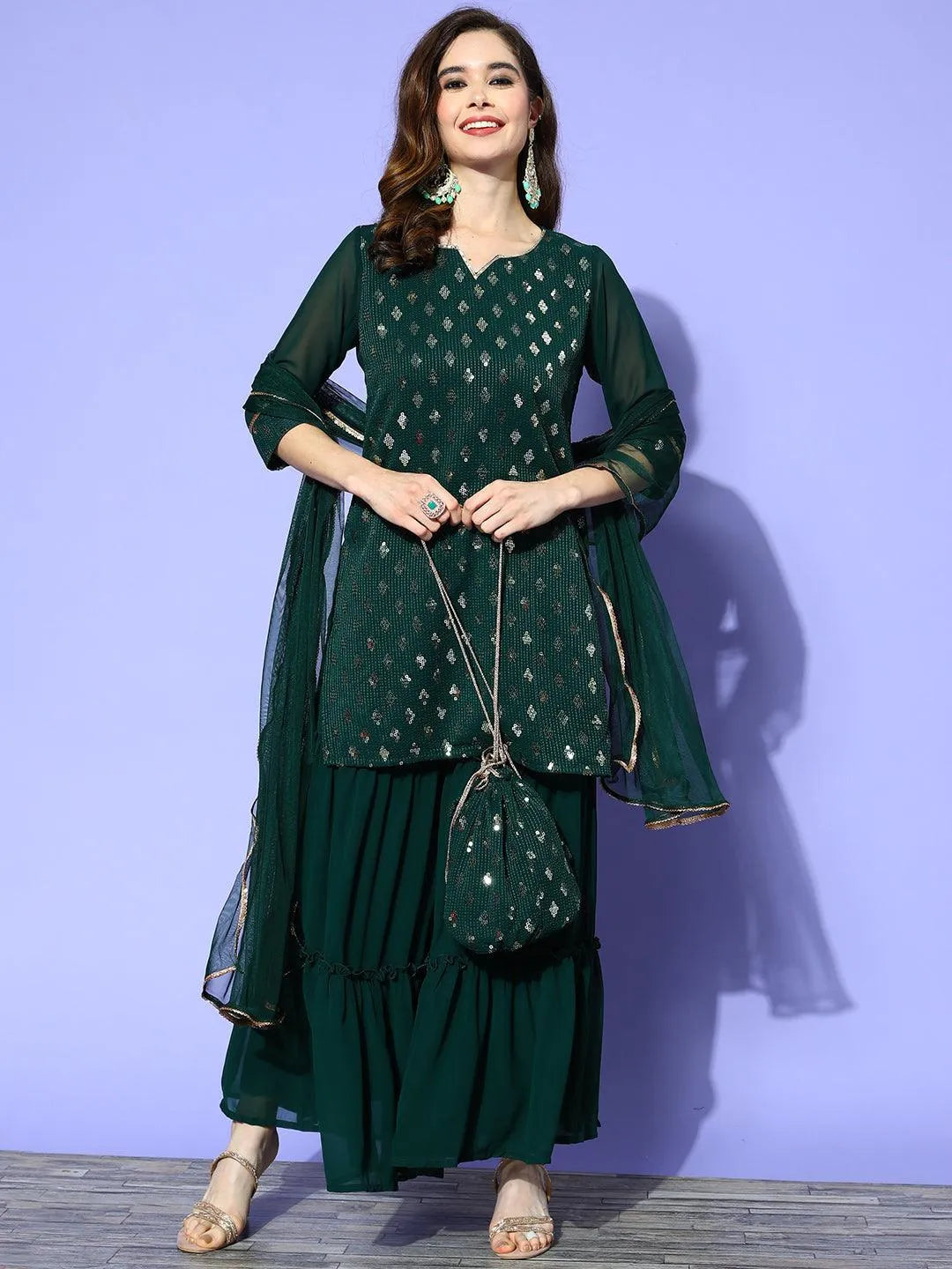 Green Embellished Georgette Straight Sharara Suit Set - Jashvi