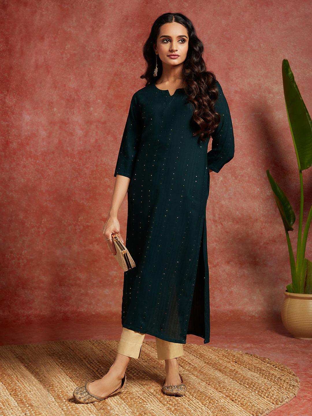 Green Embellished Rayon Straight Kurta - Jashvi