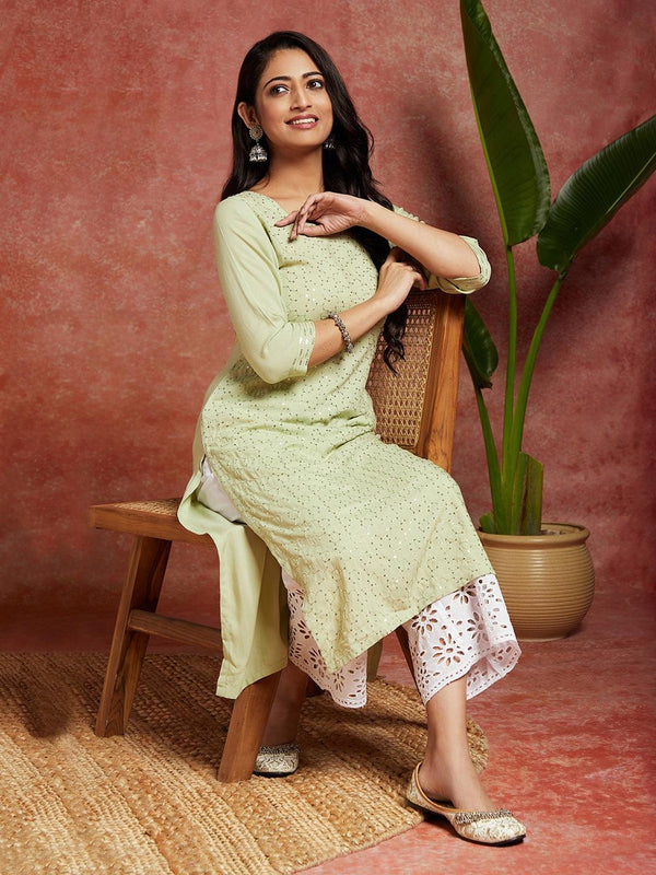 Green Embellished Rayon Straight Kurta - Jashvi