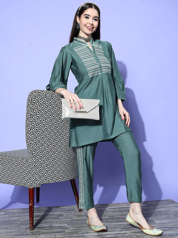 Green Embellished Silk Blend Tunic With Trousers - Jashvi