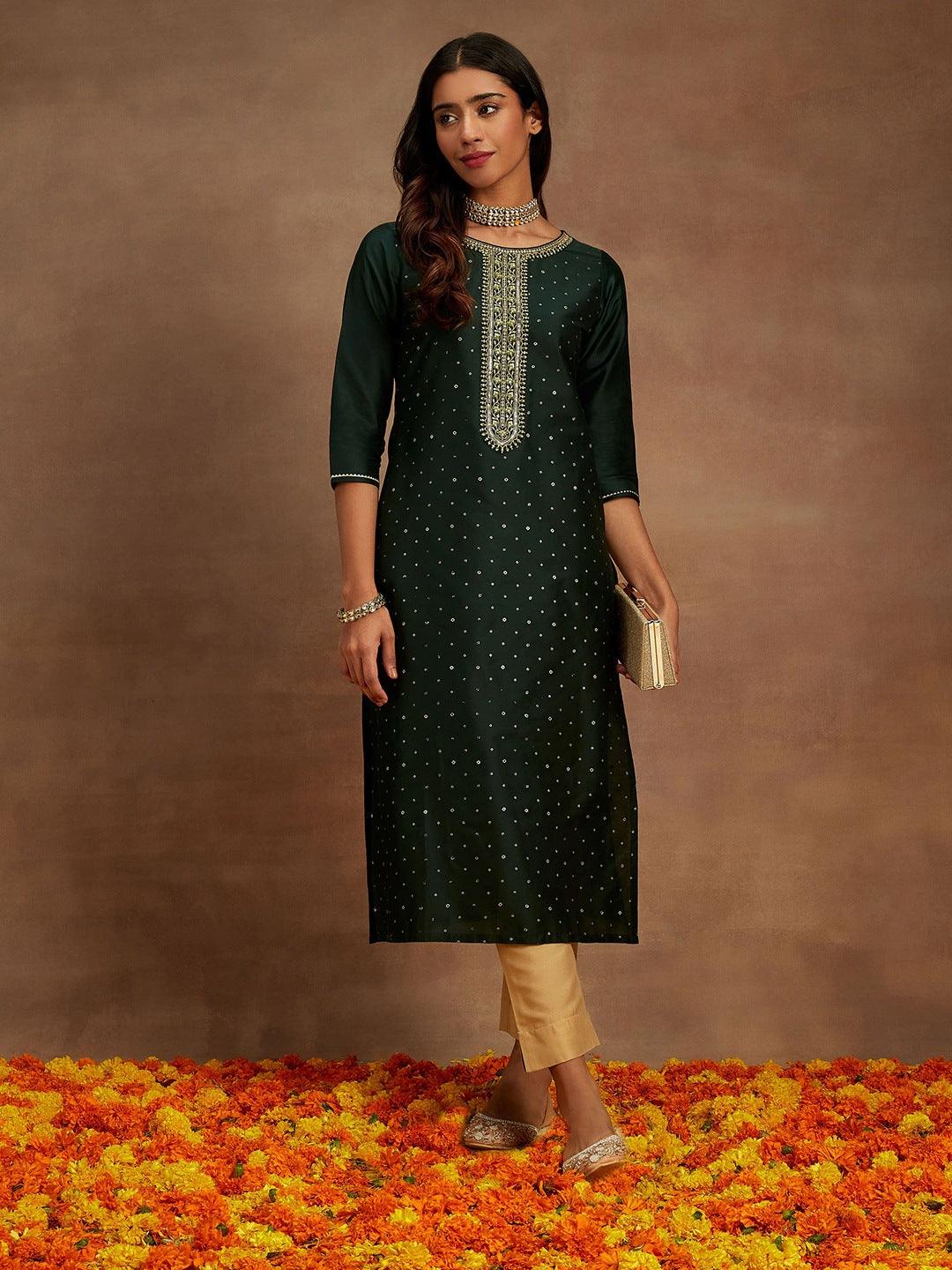 Green Embellished Silk Straight Kurta - Jashvi