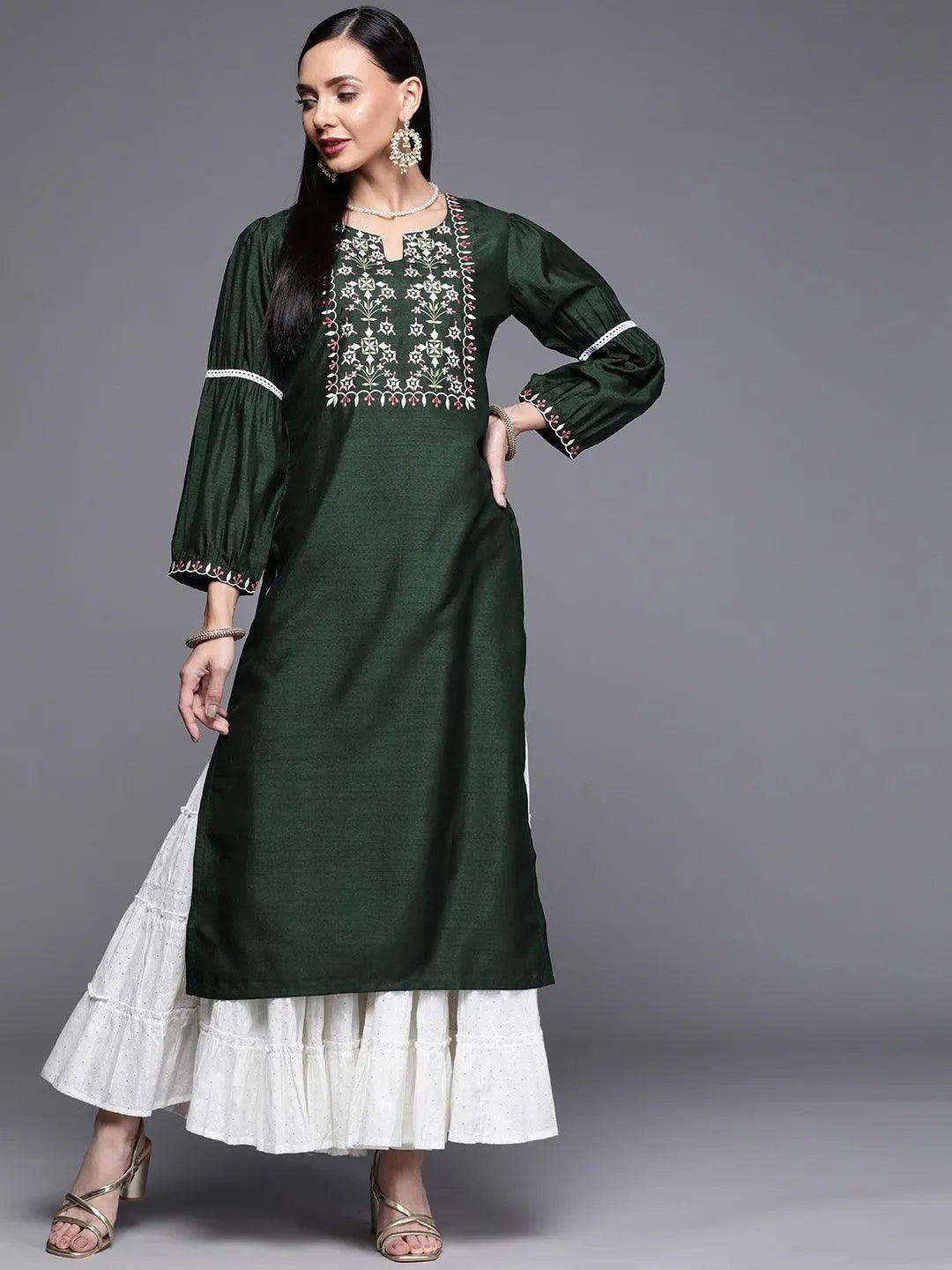 Green Embroidered Chanderi Silk Kurta - Jashvi