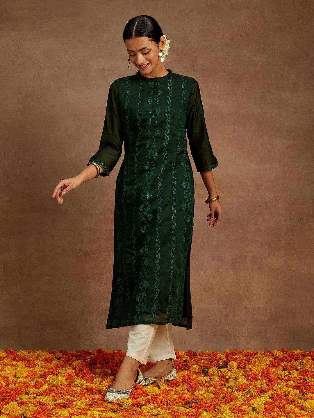 Green Embroidered Chanderi Silk Straight Kurta - Jashvi