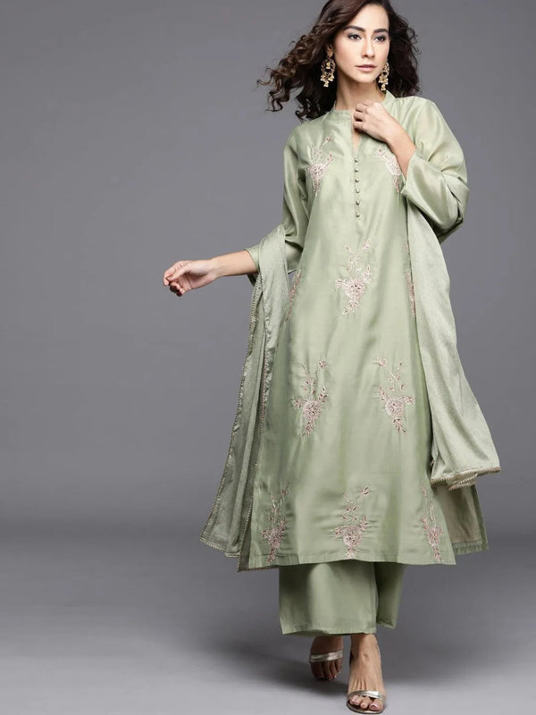 Green Embroidered Chanderi Silk Suit Set - Jashvi