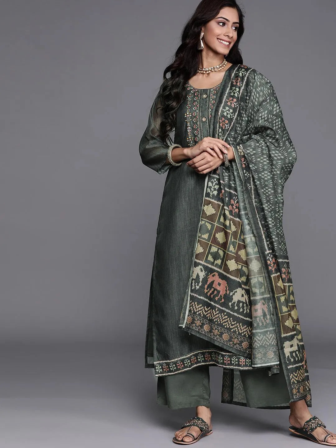 Green Embroidered Chanderi Silk Suit Set - Jashvi