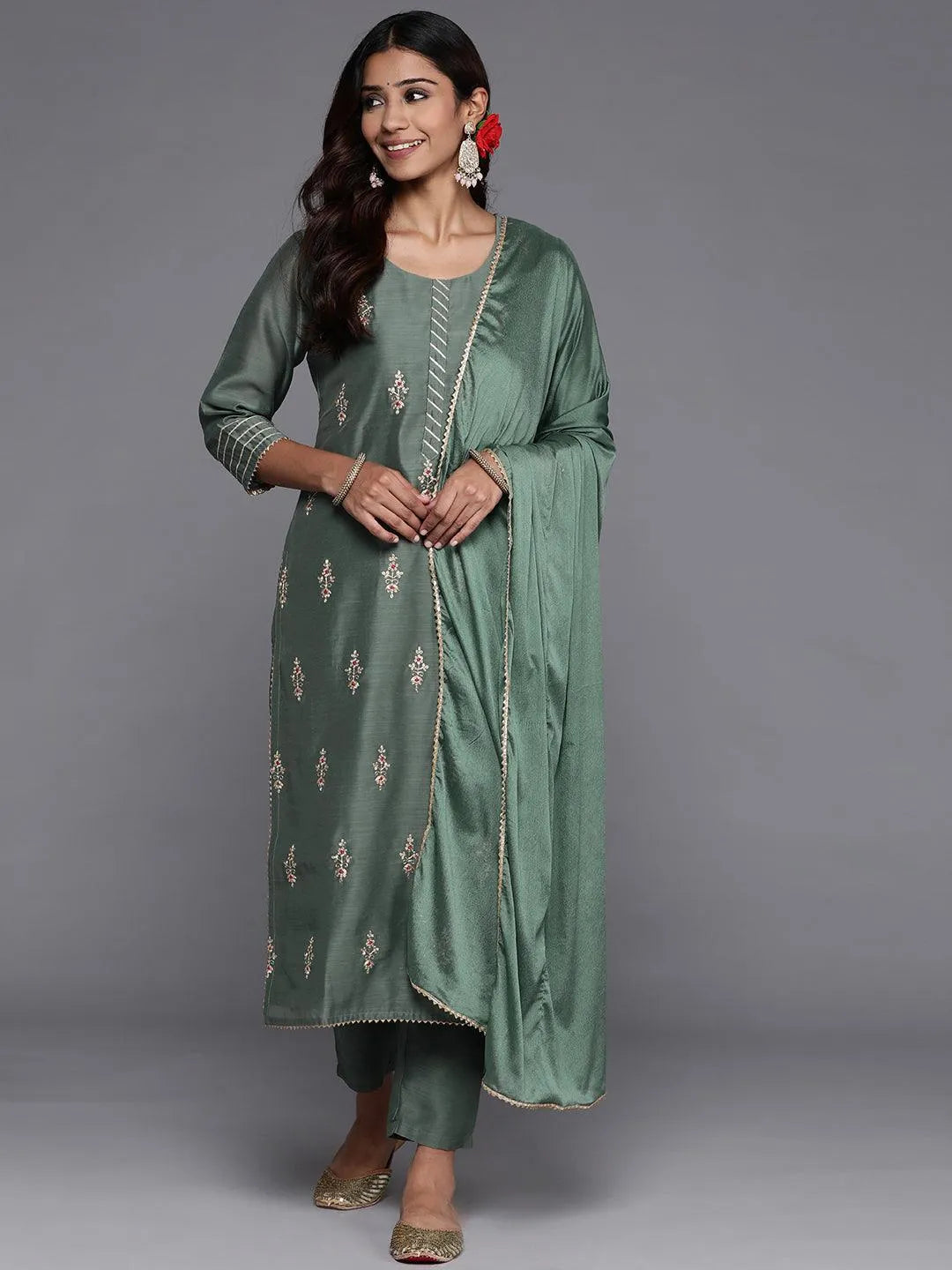 Green Embroidered Chanderi Silk Straight Kurta With Trousers & Dupatta - Jashvi