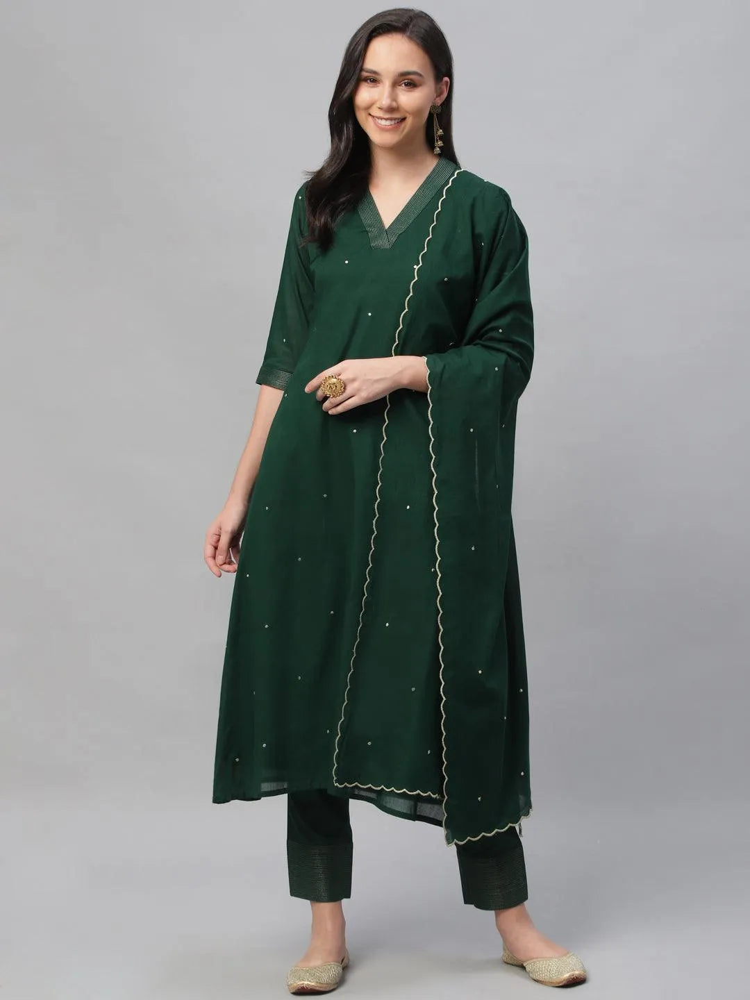 Green Embroidered Cotton Suit Set - Jashvi