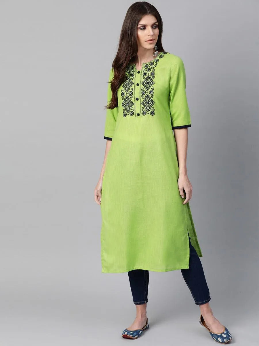 Green Embroidered Cotton Kurta - Jashvi