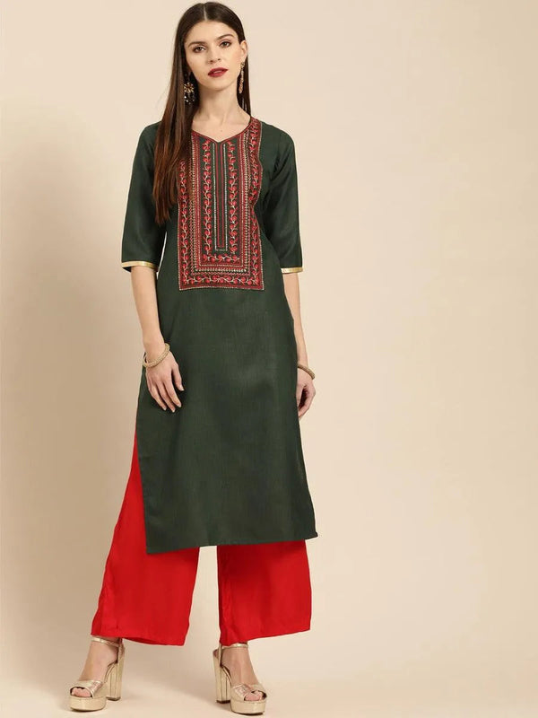 Green Embroidered Cotton Kurta - Jashvi