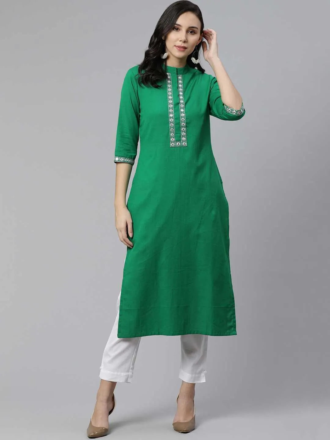 Green Embroidered Cotton Kurta - Jashvi