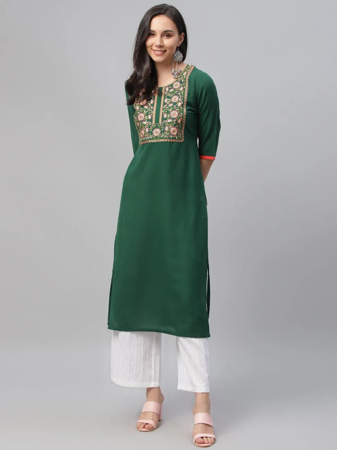 Green Embroidered Cotton Kurta - Jashvi