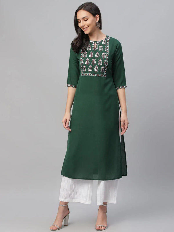 Green Embroidered Cotton Kurta - Jashvi