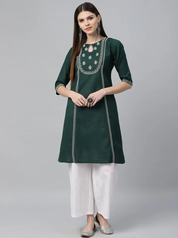 Green Embroidered Cotton Kurta - Jashvi