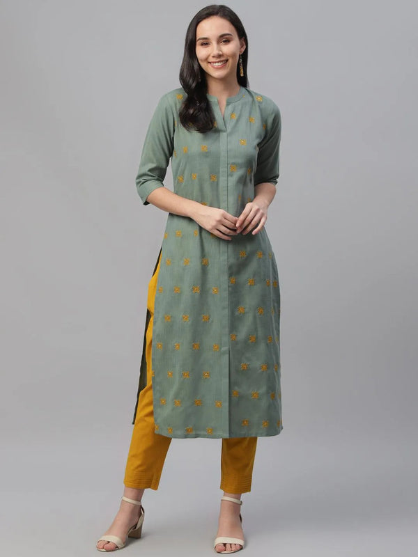 Green Embroidered Cotton Kurta - Jashvi