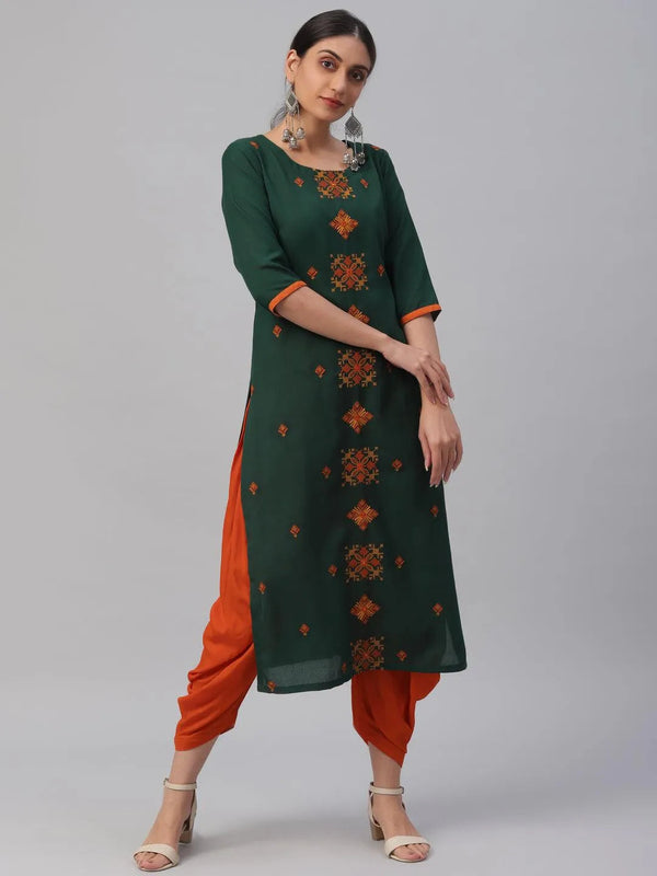 Green Embroidered Cotton Kurta - Jashvi