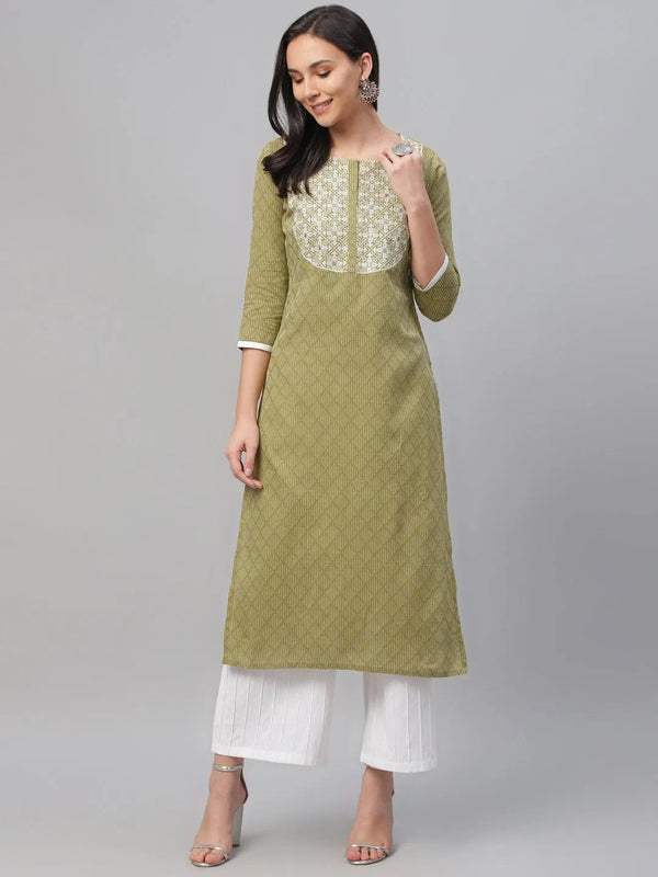 Green Embroidered Cotton Kurta - Jashvi