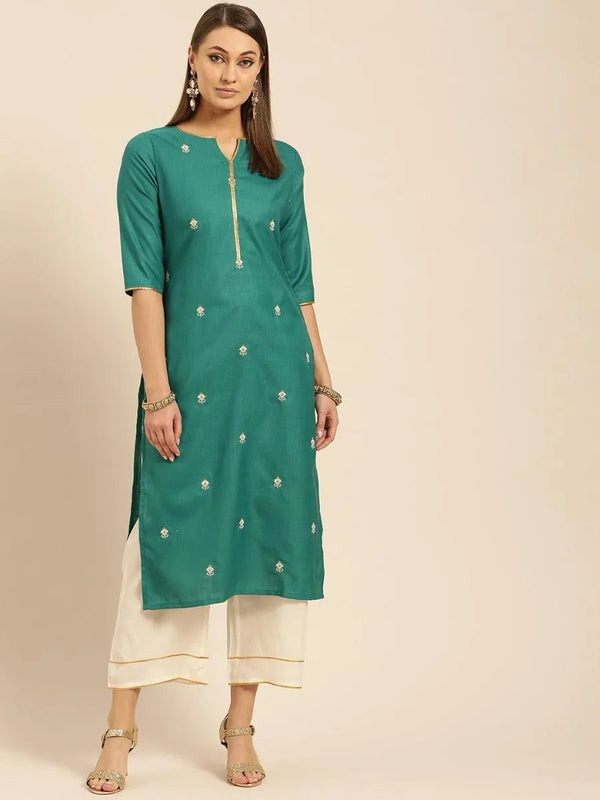 Green Embroidered Cotton Kurta Set - Jashvi