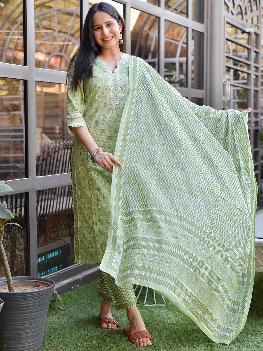 Green Embroidered Cotton Straight Suit Set With Trousers - Jashvi