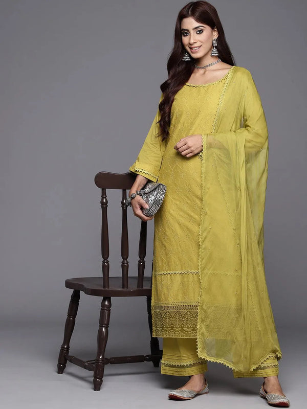 Green Embroidered Cotton Straight Kurta With Trousers & Dupatta - Jashvi